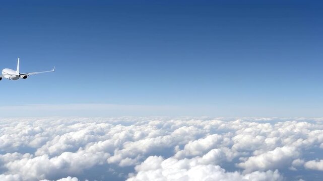 Rear Perspective of Boeing 737 MAX Airliner Flying Over White Clouds, Commercial Jet Plane Tail and Wings View, Aviation Travel Business Transportation, Modern Narrow-Body Aircraft in Blue Sky.