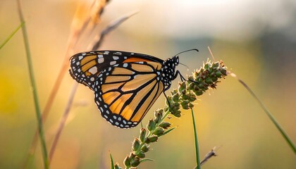 A monarch butterfly perched on a green plant stem