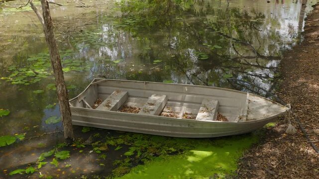An aluminum boat filled with old dry leaves that fell from trees above, is tied to a bank and floating on algae green water of a secluded lake with the sky and trees reflecting in the waters.