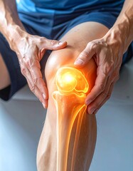 A person clutching their knee with a highlighted glowing knee joint
