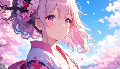 A pastel anime girl with pink hair and purple eyes