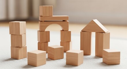 Obraz premium Wooden Building Blocks Arranged in Creative Structures on a Light Surface.