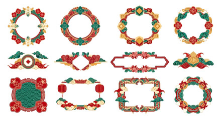 Fototapeta premium Collection of colorful lunar new year themed frames and borders with floral patterns and chinese symbols on a white background
