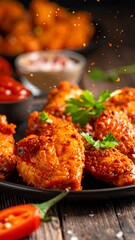 A plate of crispy fried chicken with herbs and chili on a wooden table