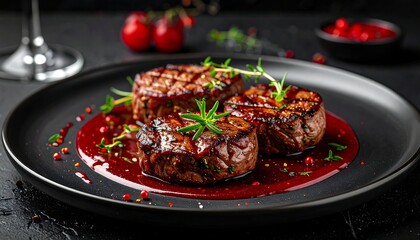 A plate of grilled meat with herbs and sauce
