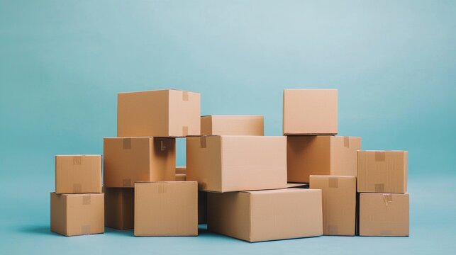Shipping boxes stacked on blue background in a bright indoor space during daylight hours