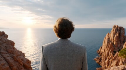 Fototapeta premium Man in casual suit jacket standing by ocean cliffs at sunset, rim light highlighting form, cinematic coastal atmosphere, warm tones, luxury lifestyle imagery