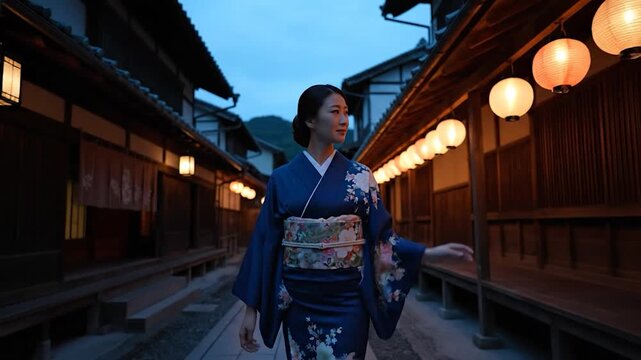 Woman in traditional Japanese kimono walks down a lantern-lit street at dusk.
