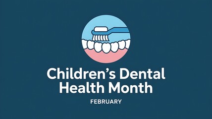 Children dental health month February awareness poster with toothbrush cleaning teeth illustration on blue background for oral hygiene education campaign pediatric dentist clinic advertisement banner