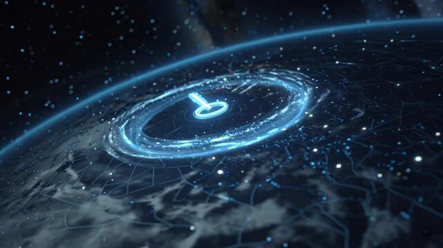 A futuristic video visualization of a glowing blue key in space