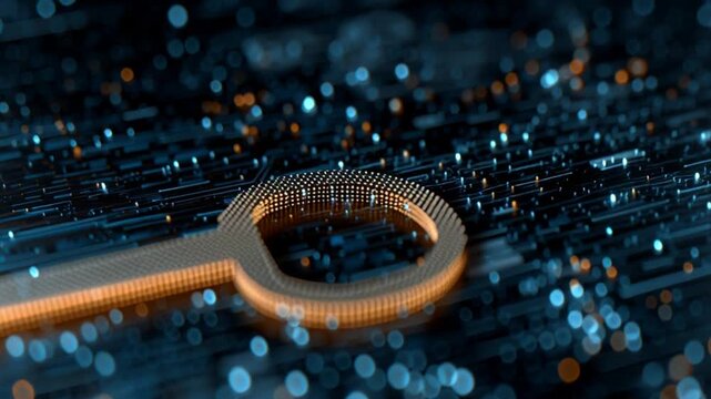 A futuristic golden key lies on a digital background in a video about technology