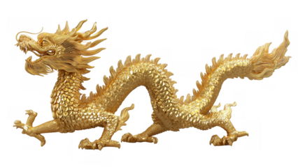 Vibrant golden dragon sculpture with intricate details, AI, PNG