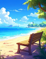A serene beach scene with a wooden bench under a tree
