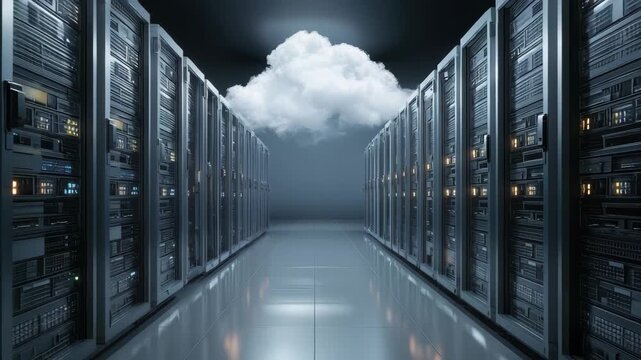 Modern server room featuring cloud design on ceiling with rows of data cabinets illuminated in the dim light, showcasing advanced technology and innovation in data storage