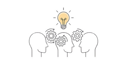 Three people connect thoughts to form new ideas, AI, PNG