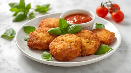 Fototapeta premium Crispy Fried Cauliflower Bites with Fresh Basil and Marinara Sauce on White Plate in Soft Natural Lighting for Food Blog