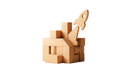 Wooden blocks make a structure with a rocket, AI, PNG