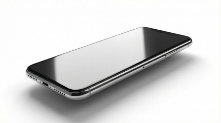 Sleek silver smartphone with a large reflective screen resting diagonally on a clean bright white background illustrating modern mobile technology and design.
