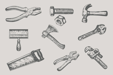 Naklejka premium wrench, chisel, axe, nut, Saw, hammer, screwdriver vector illustration Engineering vehicle. Trendy retro Construction element for modern design. Eps 10