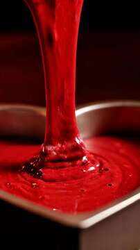 Slow motion pour of red velvet cake batter into heart shaped pan