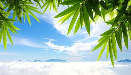 A serene landscape with lush green leaves framing a bright blue sky with white clouds above a sea of fog