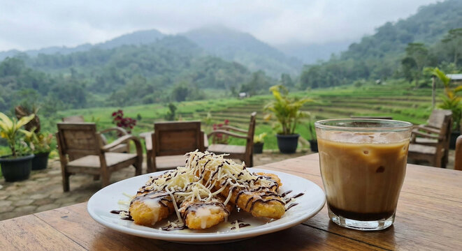 Iced Coffee and Fried Bananas Served with a Scenic Mountain and Rice Field View