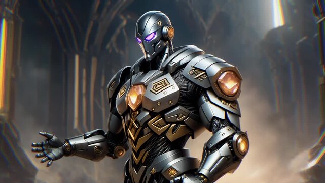 &ldquo;Titanium golem guardian, silver wired muscles, dark gold rune carvings, giant crystal power