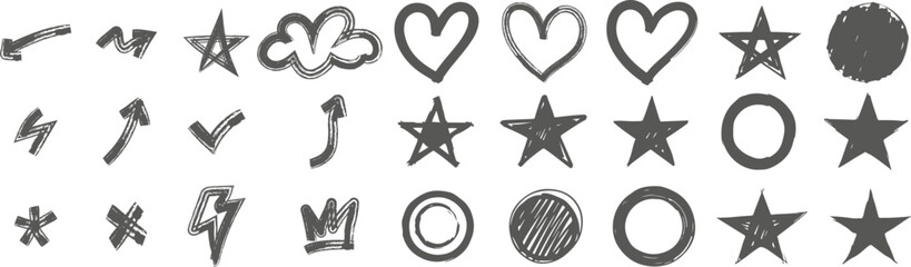 Bold brush drawn doodle shapes with thick hand drawn heart and star graffiti street art style.