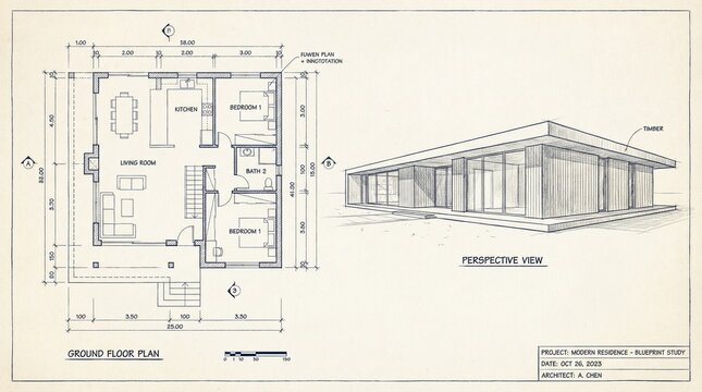 Architectural blueprint study presenting the ground floor plan and perspective view for a contemporary timber-clad modern residence design project.