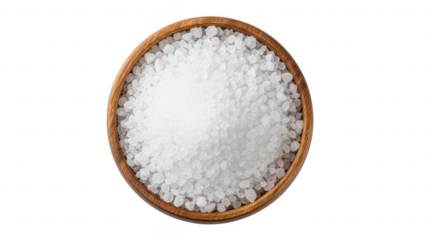 A wooden bowl filled with coarse salt. isolated on transparent background