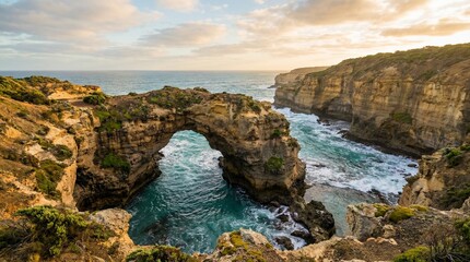 Majestic natural stone arch formation stands proudly over turquoise churning ocean waters carved into rugged coastal cliffs under a warm sunset sky.
