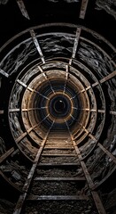 Naklejka premium A deep, dark, round mine tunnel carved through solid rock, showing damp walls and rough supports leading into the earth's interior ,timber ,depth ,deep