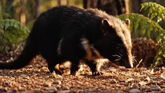 A black, furry Tasmanian devil in a forest, digging in the brown earth, lit by sunlight