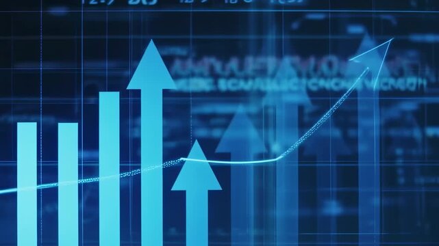 Blue infographic shows ascending bar graph with upward arrows and a rising line, suggesting growth