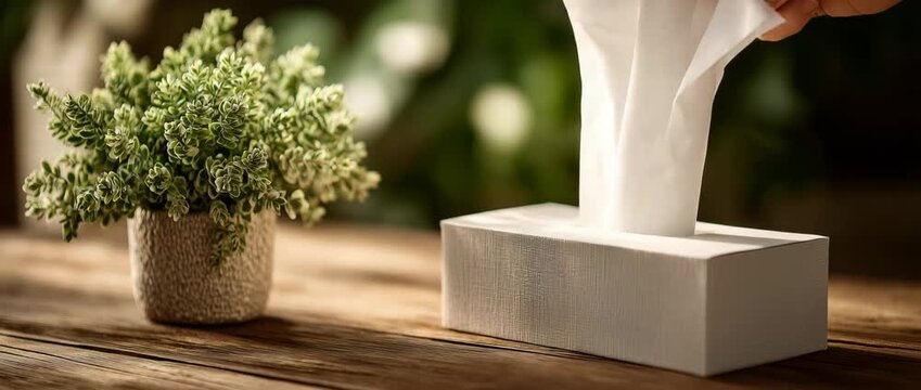 Close-up of a hand removing a tissue from a white box placed next to a beautiful plant on a wooden table. A serene, ordinary environment is created by soft lighting.