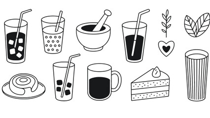 A collection of various drinks and desserts in a simple line drawing style