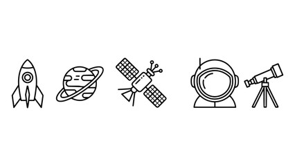 A black and white illustration of space exploration objects on a white background