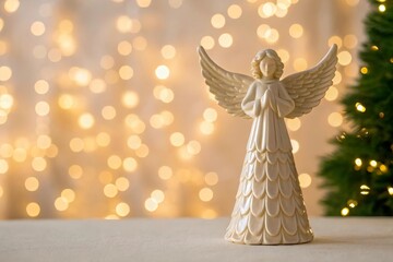 Fototapeta premium Elegant angel figurine with wings against a soft bokeh background - copy space background
