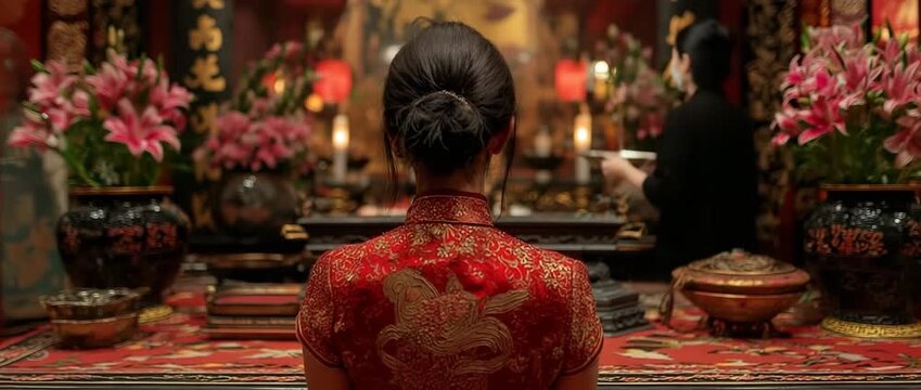 During the Lunar New Year, an Asian elderly woman wearing a crimson cheongsam qipao outfit makes a request to the ancestor god inside a Chinese Buddhist temple for blessings and good fortune.