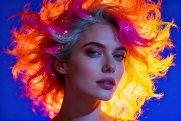 Fototapeta premium Bright Hair Color with Vibrant Flames and Glamorous Makeup Look