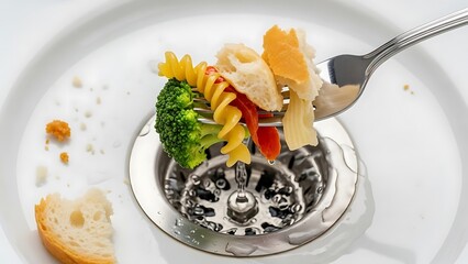 Pasta and broccoli on a fork being rinsed in a kitchen sink