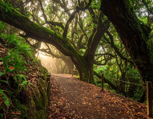A sunlit path winds through a dense forest of moss-covered trees, creating a tunnel-like canopy, with fallen leaves