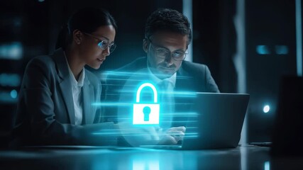 Two business professionals collaborating on a digital security project in a modern office setting during evening hours - Powered by Adobe