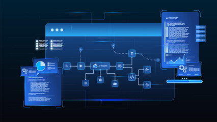 AI workflow automation artificial intelligence. ai agent network diagram dashboard machine learning processing system, analytic, coding and automation system.