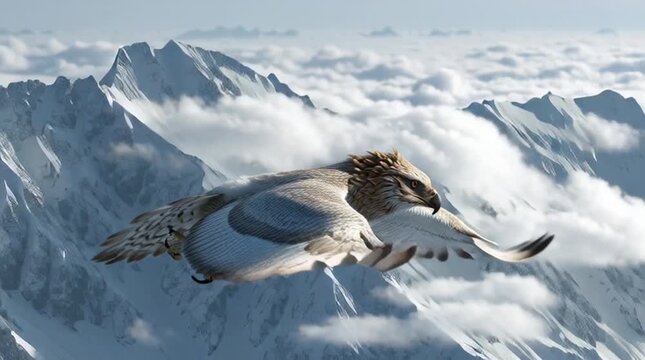 Majestic Griffin soaring through the sky over snow-covered mountain peaks, high altitude aerial fantasy view