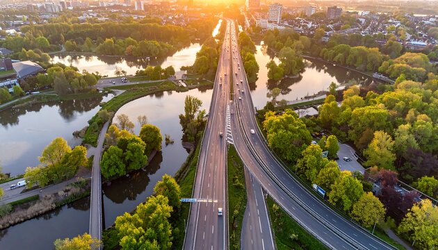 Aerial view of a highway with three lanes in each direction crossing a river surrounded by lush green trees and buildings in the background