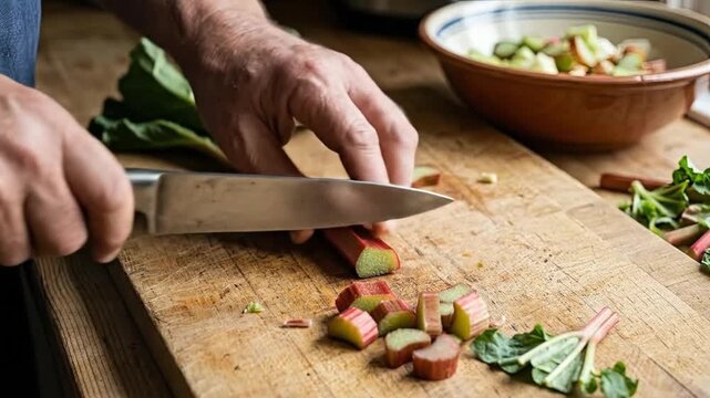 Close-up of senior male hands chopping fresh rhubarb stalks on a rustic wooden cutting board for healthy cooking preparation