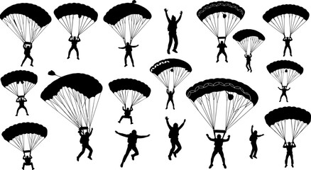 Skydiving parachute silhouettes set showing multiple airborne jumpers in different poses, extreme sport adventure vector illustration isolated on white background design collection icons © Sarsoti