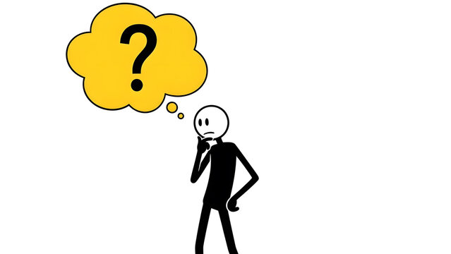 A black silhouette of a stick figure with a white head standing in a thinking pose under a bright yellow thought bubble with a large question mark