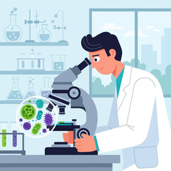 Scientist looking through microscope at colorful bacteria and germs in laboratory